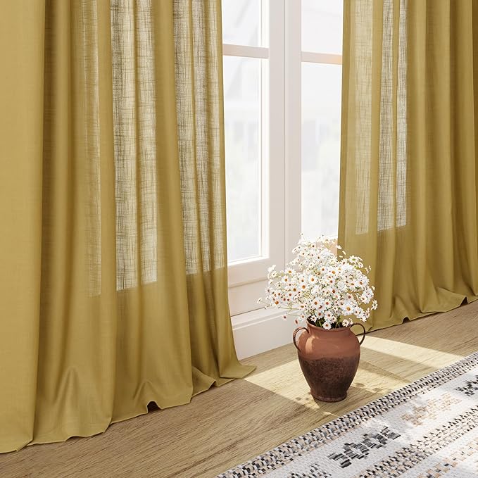 Nanspring Linen Curtains Semi Sheer Gold 96 Inches Long 2 Panels Set for Living Room Back Tab Rod Pocket Light Filtering Drape for Bedroom Modern Farmhouse Coastal Decor Protect Privacy 52x96