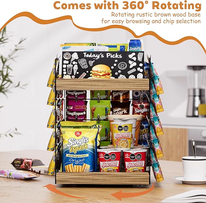 Chip Rack Display Stand, 6 Tiers 50 Clips Snack Organizer, 360° Rotating Wood Base Candy Display Rack, Portable Retail Display Shelf for Countertop, Office, Store, Kitchen, Party