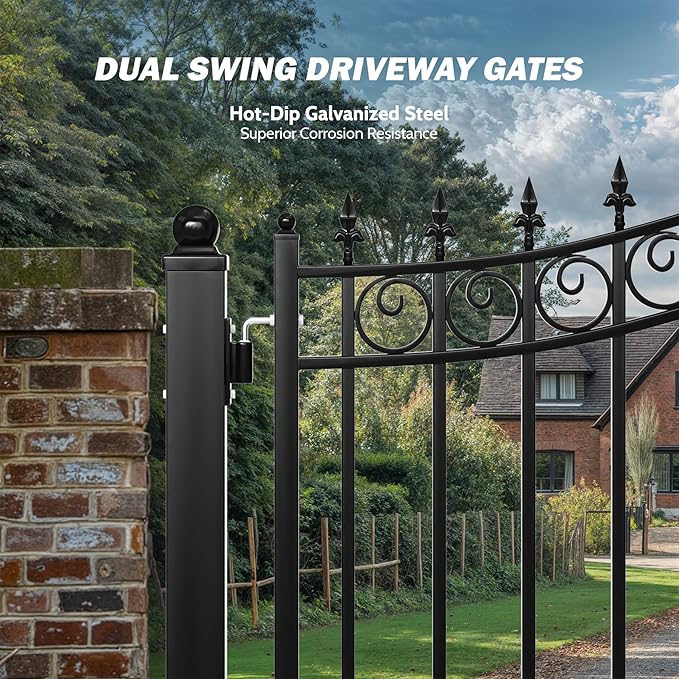 ZUMI Dual Swing Driveway Gates, 14x6 ft. Outdoor Steel Swing Gates for Driveway, Heavy-Duty Driveway Fence Gates for Home Security, Weatherproof Iron Security Gate Kit for Outdoor, Sydney