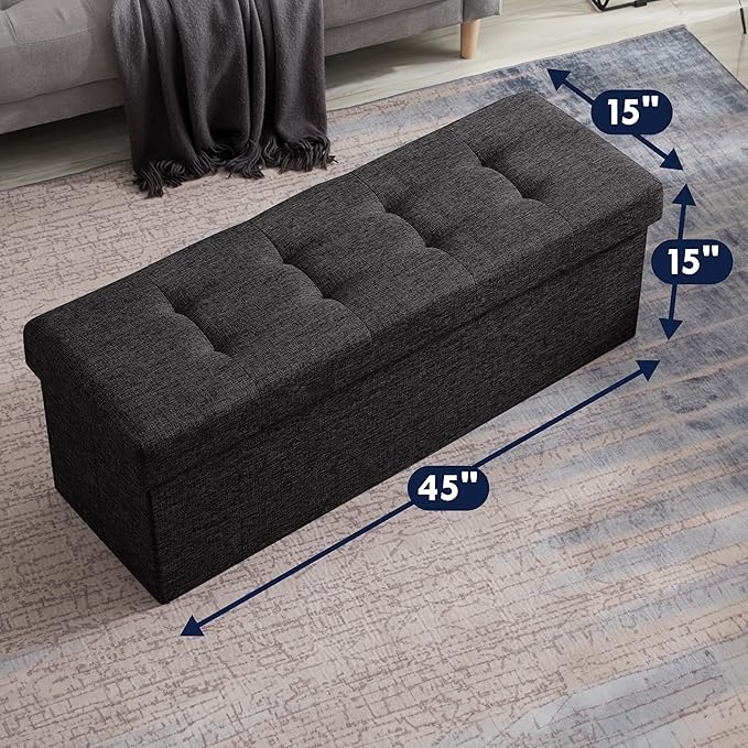 Ornavo Home Foldable Tufted Linen Large Storage Ottoman Bench Foot Rest Stool/Seat - 15" x 45" x 15" (Black)