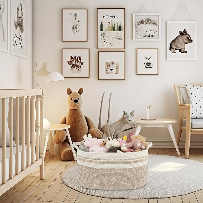 Large Rectangle Blankets Basket Living Room 22"x17"x12" Woven Cotton Rope Storage Baskets for Nursery Toy Baskets for Kids Wicker Laundry Basket Bin for Clothes Towels white brown