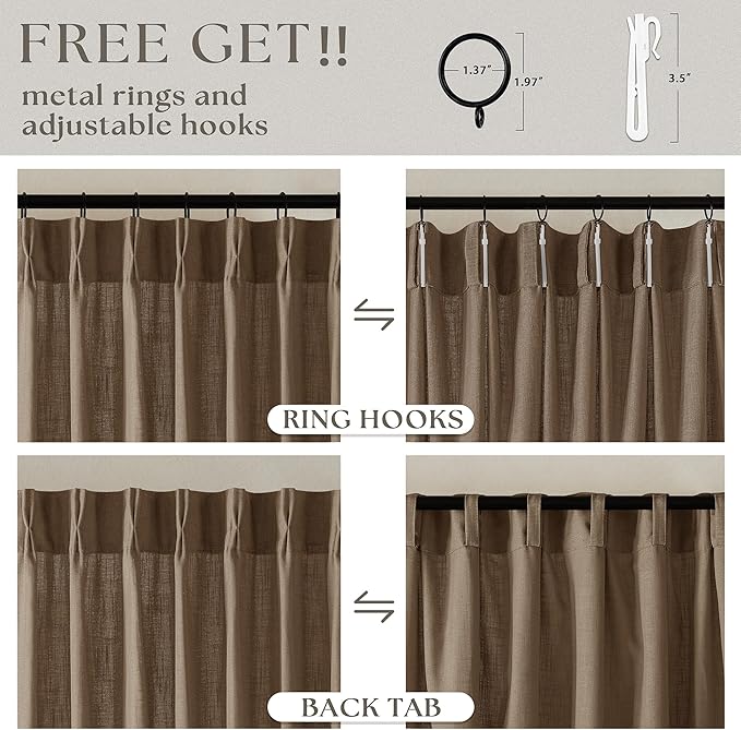Brown Pleated Linen Curtains 96 Inches Long for Living Room 2 Panel Set Semi Sheer Light Filtering Pinch Pleat with Rings Hooks Drapes Boho Rustic Farmhouse Dutch Cocoa Curtain Bedroom Window