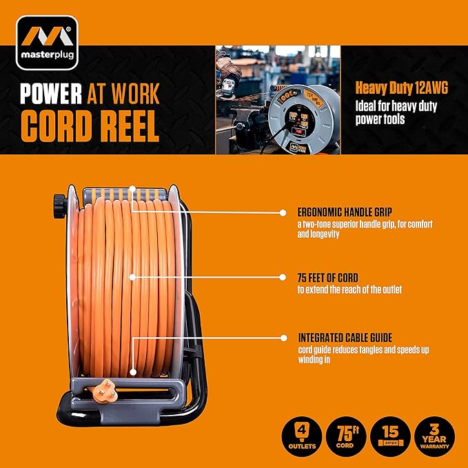 Masterplug Metal Steel Drum with Four Powered Outlets, Open Cord Reel Extension Cord with Winding Handle, Overload Circuit Breaker and Power Switch, 75 Feet 12AWG, High Visibility Cord