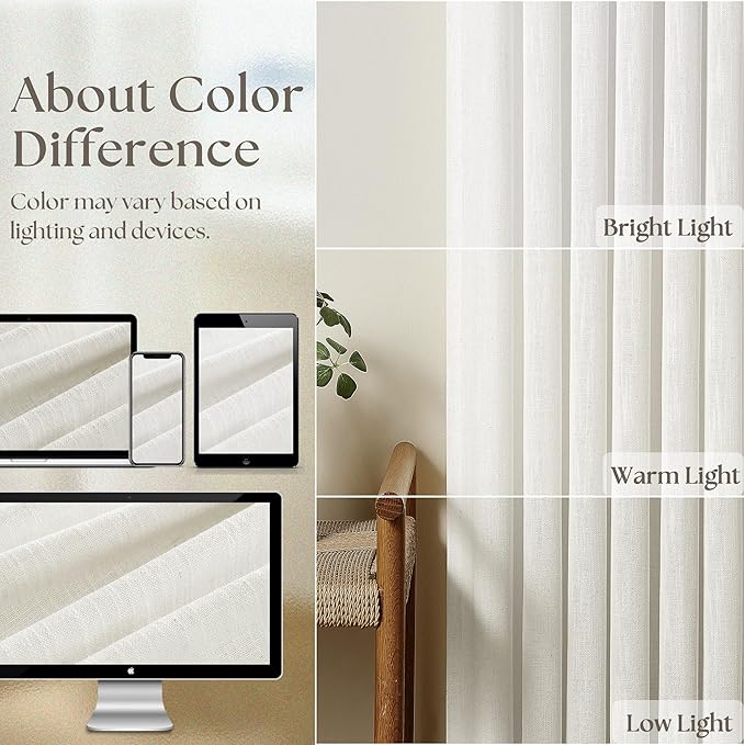 Beige White Linen Curtains Pinch Pleated 84 Inches Long for Living Room Bedroom Pleat with Rings Back Tab Semi Sheer Curtains 84 Inch Length 2 Panels Set Light Filtering Farmhouse Drapes
