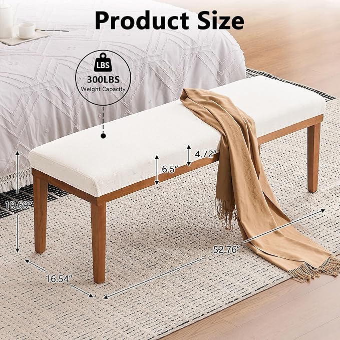 Rowill 53 Inch Long Entryway Bench for Bedroom End of Bed, Dining Room Bench with Upholstered Padded Seat and Solid Wood Leg for Kitchen, Living Room, Indoor and Hallway, Cream