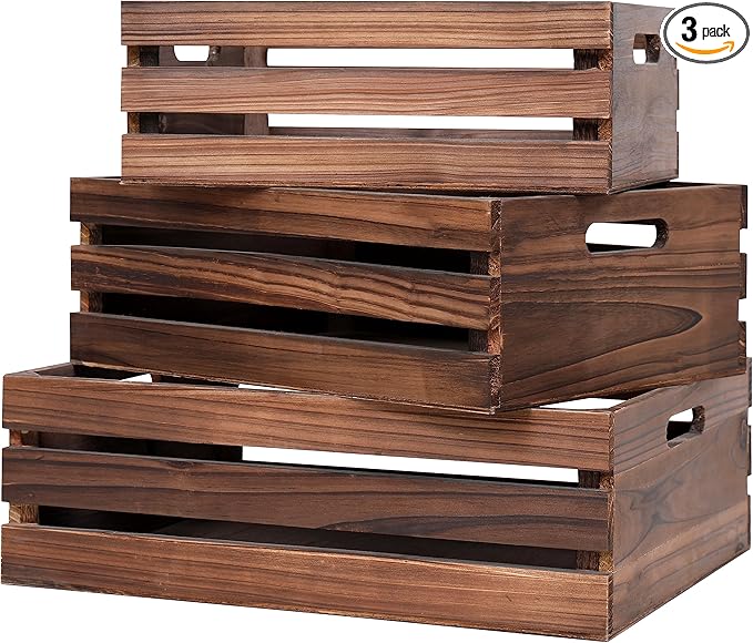 Wood Crates For Storage,Decorative Vintage Brown Wooden Crates For Display,Handmade Solid Wood Boxes,Set Of 3 Rustic Black Wooden Crate. (vintage brown)