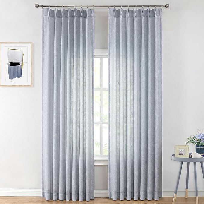 Vision Home Blue Pinch Pleated Semi Sheer Curtains Textured Light Filtering Window Curtains 90 inch for Living Room Bedroom Rayon Blended Chambray Blue Pinch Pleat Drapes with Hooks 2 Panels 40"Wx90"L