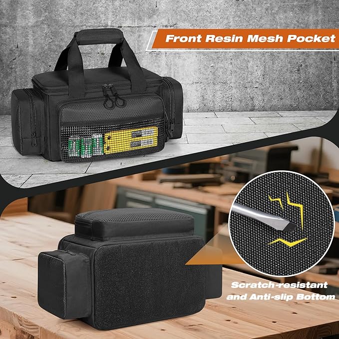 Small Tool Bag with Anti-friction Bottom, Tactical 12" Tool Tote for Men, Hand Tool Storage Organizer for Electrician, Repairman and Carpenters, Black