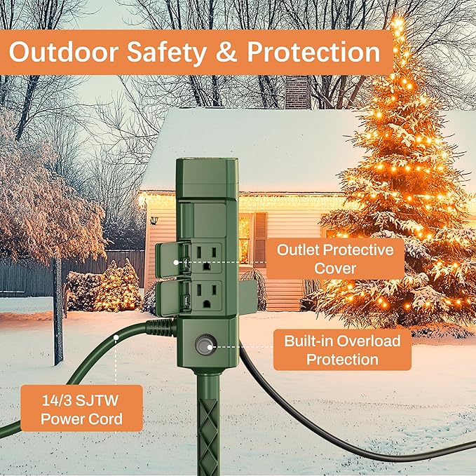 BN-LINK Outdoor Power Stake Timer 25FT Extension Cord Waterproof, Remote Control Photocell Dusk to Dawn Light Timer, 6 Grounded Outlets for String Lights & Christmas Decorations, ETL