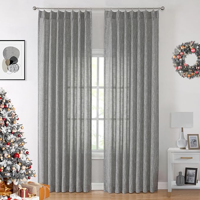 Vision Home Gray Pinch Pleated Semi Sheer Curtains Textured Light Filtering Window Curtains 95 inch for Living Room Bedroom Rayon Blended Charcoal Grey Pinch Pleat Drapes with Hooks 2 Panels 40"Wx95"L