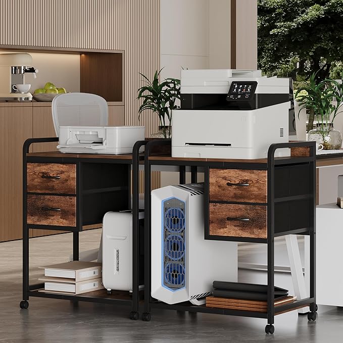 Large Printer Stand with 2 Fabric Drawers, Mobile Printer Table with Wheels and Computer Tower Slot for Home Office Storage and Organization, Rustic Brown (Rustic Brown)