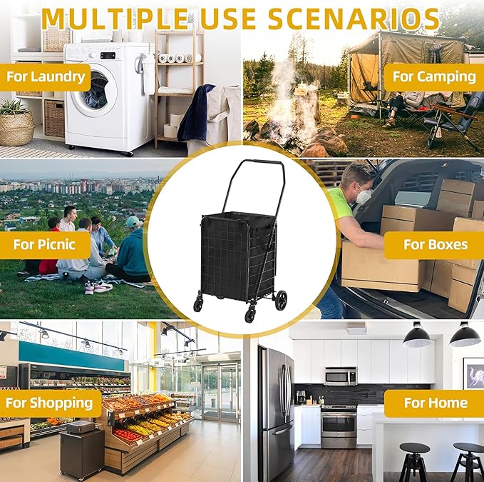 DWVO Folding Shopping Cart with Waterproof Liner, Collapsible Utility Cart with Wheels for Seniors, Portable Grocery Cart for Shopping, Laundry, Storage, and Camping