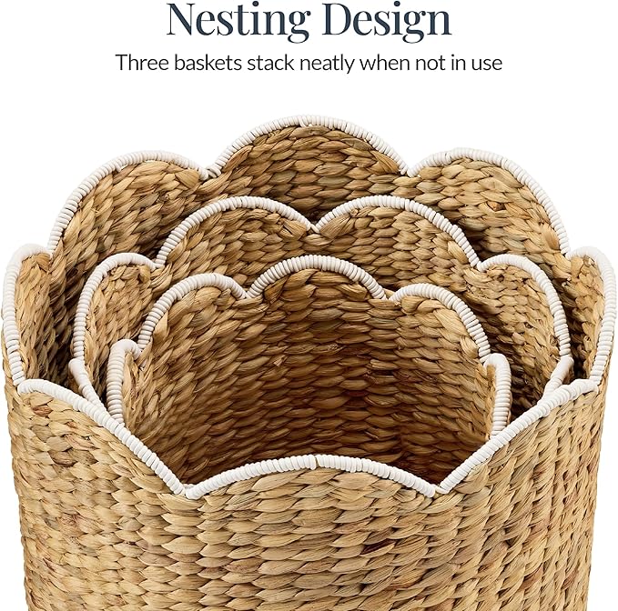 Best Choice Products 3pc Water Hyacinth Scalloped Multipurpose Nesting Baskets, Storage Bin Organization Totes for Living Room, Bedroom, Nursery, Laundry Room - Natural w/White Trim