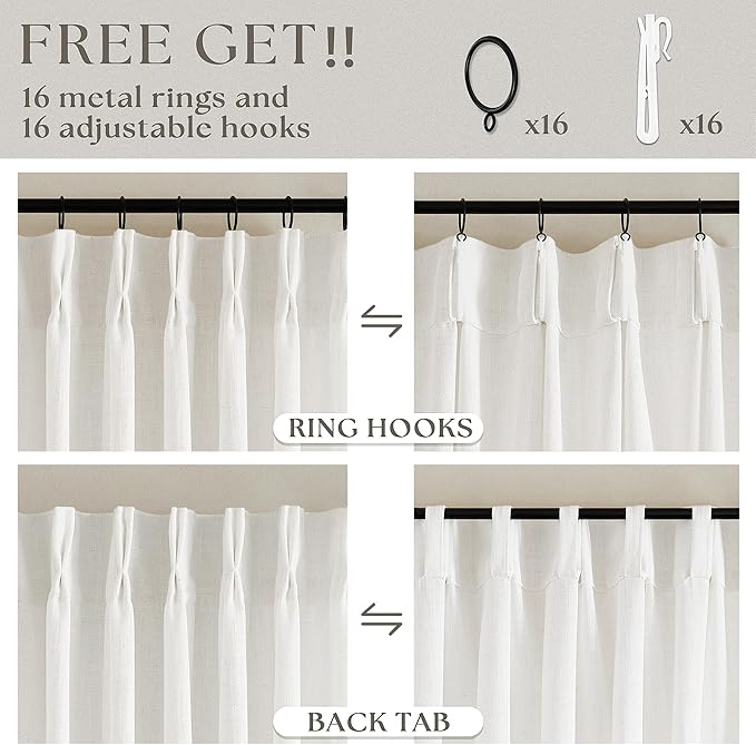 Beige White Pinch Pleated Extra Wide Curtain Panels 90 Inches Long 100 Wide Linen Curtain for Sliding Glass Door Semi Sheer Hooks Rings Privacy 90 Inch Length Drape for Living Room 100x90 1 Panel