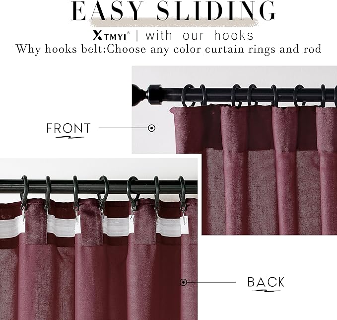 XTMYI Red Wine Curtains, 108x50 inches, Linen Look, Semi Sheer, 4 Hanging Methods, Set of 2 for Living Room, Christmas
