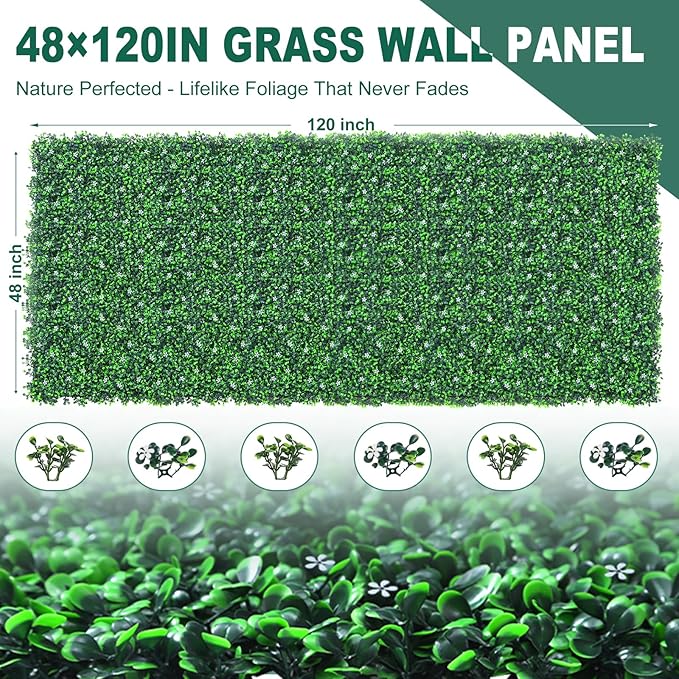Boxwood Roll Panels with White Flower, 48"x120" (40 sqft) Artificial Ivy Privacy Fence Screen, UV-Anti Faux Boxwood Roll Grass Wall Panels for Garden Patio Balcony Decor