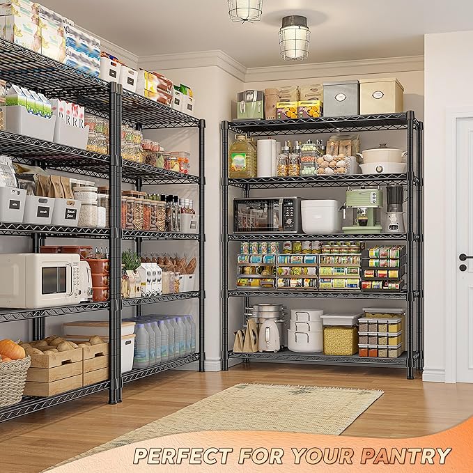 REIBII Storage Shelves with Wheels Wide Wire Shelving Unit with Wheels 75.2"H Tall Metal Shelves for Storage Sturdy Heavy Duty Shelving Deep Pantry Shelves 5 Tier Storage Rack, Keep Organized, 2 Pack