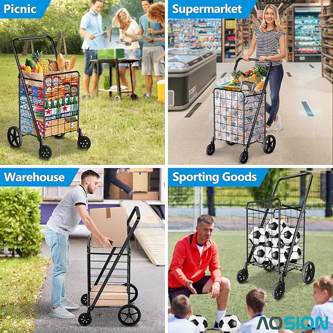 AOSION Folding Shopping Carts for Groceries,27GAL/220lb,Grocery Cart with 360° Rolling Swivel Wheels, Collapsible Rolling cart,Portable Utility Cart with Shopping Liner for Laundry Luggage Office