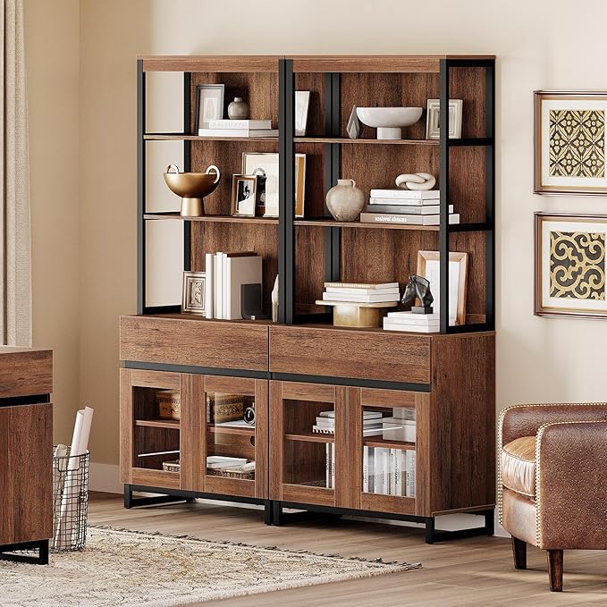 WAMPAT 2 PCS Modern 72" Tall Bookcase with 2 Drawers and Open Book Shelf, Library Book Shelf with Storage Cabinet and Glass Doors, Wood Freestanding Bookshelves for Home Office, Living Room, Brown