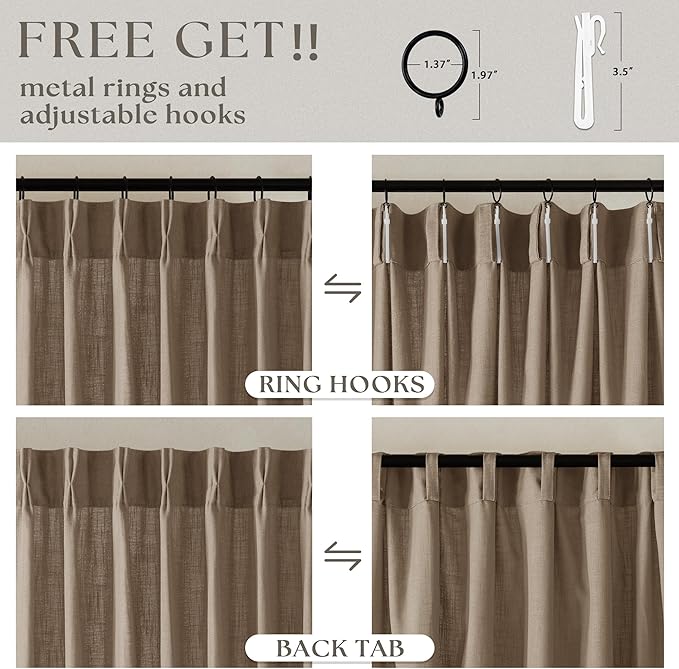 Pinch Pleated Neutral Linen Curtains 84 Inches Long 2 Panels Set for Living Room Dining Pinch Pleat Back Tab Light Filtering Farmhouse Boho Retro Window Curtain Drapes 84 Inch Length Latte Tan Brown