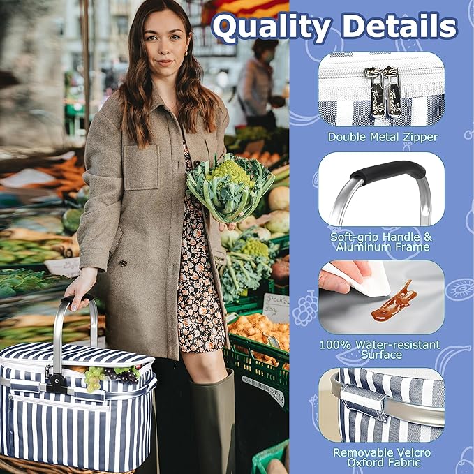 Tirrinia Large Insulated Picnic Basket, 34L Water Resistant & Leakproof Collapsible Portable Cooler Basket Set with Aluminium Handle for Travel, with a Free Foldable Grocery Bag, Strip