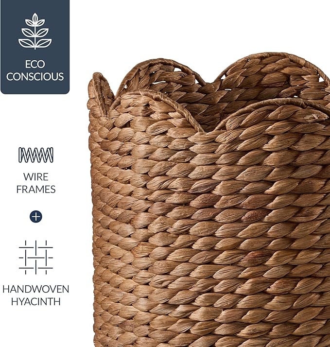 Best Choice Products 3pc Water Hyacinth Scalloped Multipurpose Nesting Baskets, Storage Bin Organization Totes for Living Room, Bedroom, Nursery, Laundry Room -Chestnut