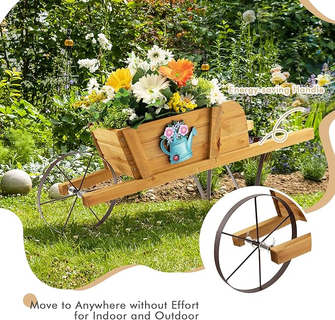 Wooden Wagon Planter, Flower Cart Display Stand w/Metal Wheels & Removable Magnetic Decoration, Wagon Decorative Garden Planter for Plants & Seasonal Displays, Pine Wood (Brown)