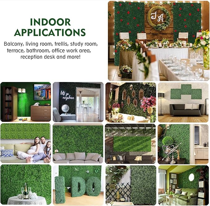 12PCS 20"x20" Artificial Boxwood Panels Topiary Hedge Plant UV Protected Faux Grass Wall Greenery Mats for Outdoor Garden Fence Backyard and Indoor Home Wedding Decoration, Dark Green