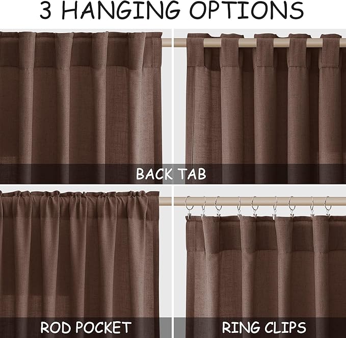 Mocha Mousse Linen Boho Curtains 90 Inch Length 2 Panel Set Back Tab Rod Pocket Semi Sheer Light Filtering Neutral Farmhouse Decor for Living Room and Bedroom 52x90