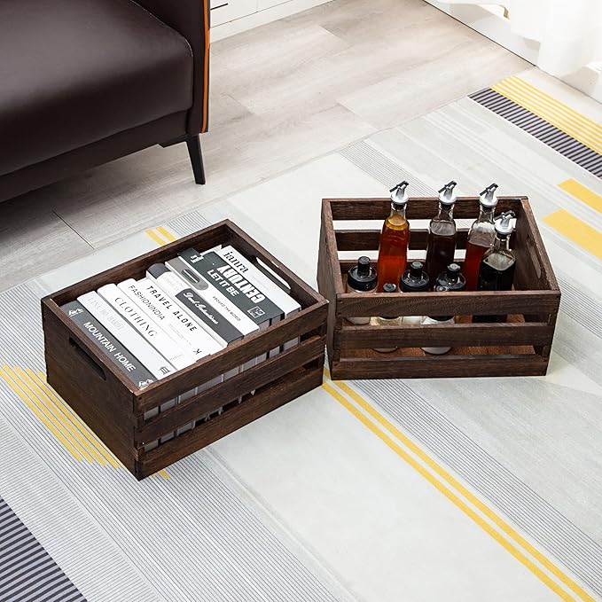 Rustic Vintage Brown Wooden Storage Crates Set, 2 Pack , 16.5 X 12 X 8.3''wood crate box，Handmade Farmhouse Decorative Crate with Handles for Books, Clothes Storage & Display