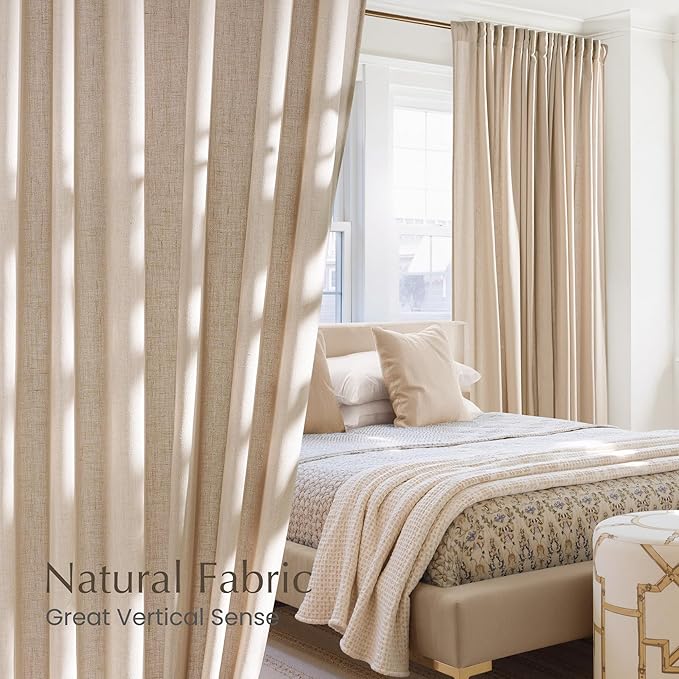 NICETOWN Thick Linen Semi Sheer Curtains for Living Room, Back Tab/Rod Pocket with Pleat Tape Privacy Added with Light Filtering Window Treatments for Bedroom, Angora, W52 x L84