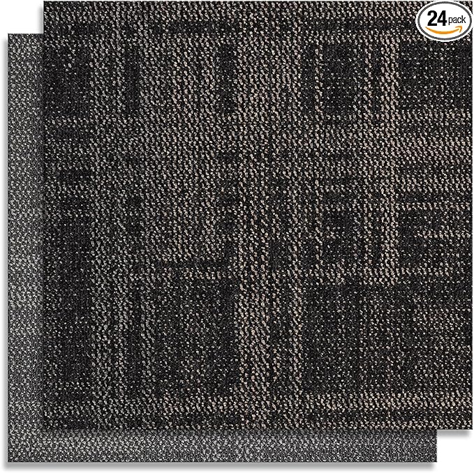 Carpet Tiles 20x 20 Inch, Floor Square Carpet Tiles, Indoor Outdoor Carpet Tile for Home Basement Commercial, Black & Grey-24 Tiles/64.5 Sq.Ft per Box