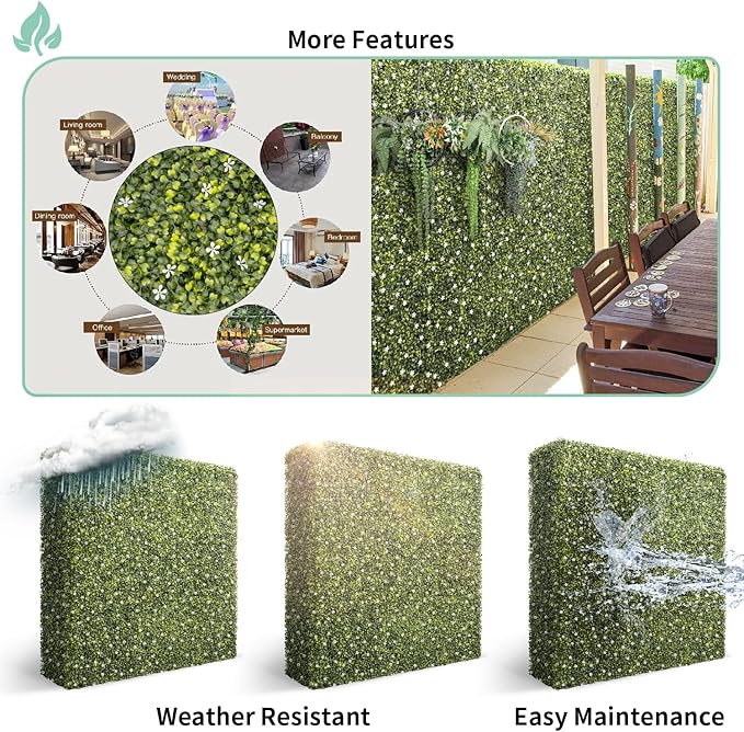 SunnyRoyal 216" Wx54 Hx12 D Artificial Boxwood Hedge Wall for Indoor and Outdoor Lifelike Greenery Privacy Fence for Patio Balcony Office Garden Party(Green with White Flower)