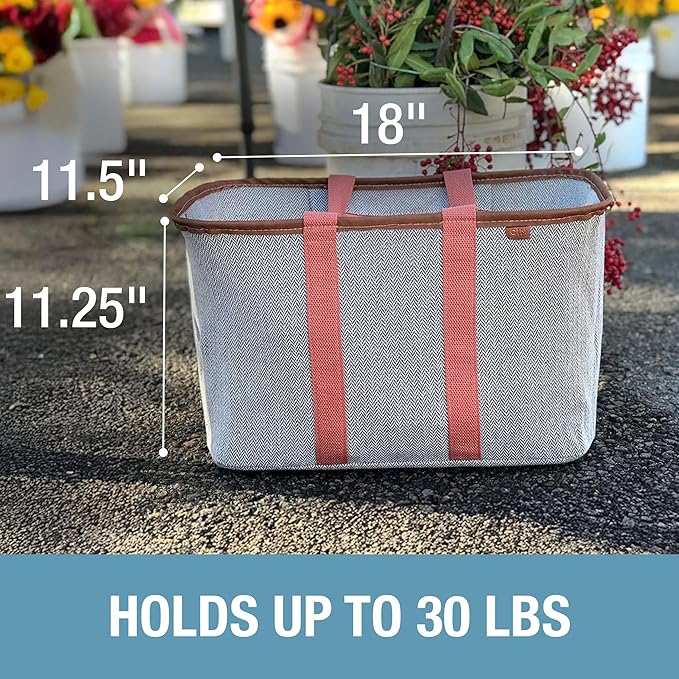 CleverMade Collapsible LUXE Tote - Rose Herringbone 1 Pack 30L / 8 Gal - Reusable Grocery Shopping Storage Bag Organizer w/ Handles Reinforced Bottom