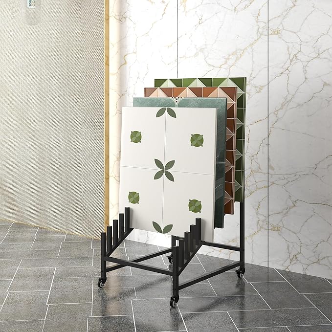 12-Tier Tile Sample Display Stand, Rolling Tile Sample Storage Rack, Metal Floor Tile Display Stand, Building Material Display Shelf, Slotted Tile Display Rack, Floor Sample Holder for Exhibition Hall