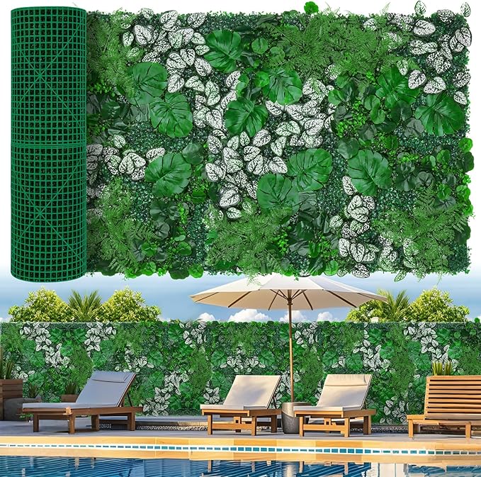 Artificial Boxwood Panels, 40"x120"(33.33 SQFT) Grass Wall Panels with Monstera Leaves,Privacy Hedge Fence Screen with UV Protection,Fake Greenery Backdrop for Indoor Wedding