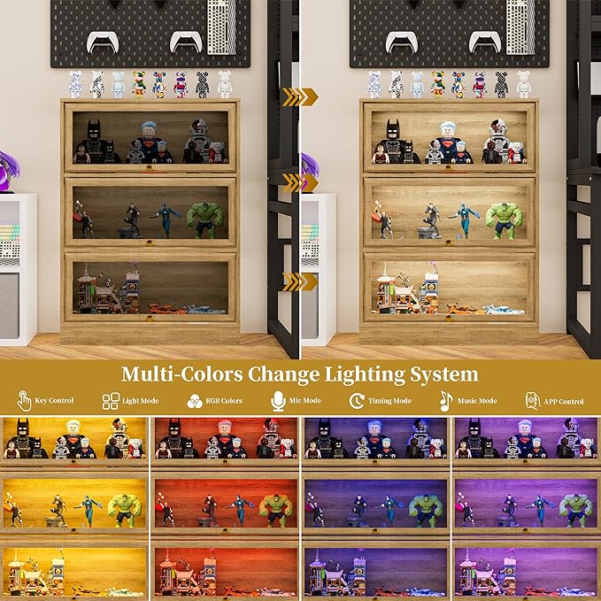 Display Cabinet with Acrylic Glass Doors,3-Tiers Curio Cabinet with LED Lighting for Collectibles, Collectibles Toy Organizers Rack & Display Shelf Display Case Storage Cabinet, Nature
