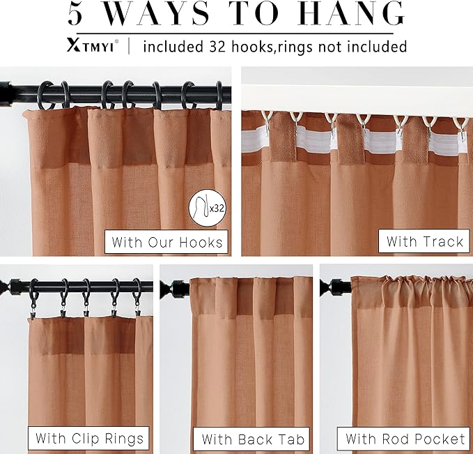 XTMYI Terracotta Vintage Boho Curtains, Rust Colored Linen Sheer Rustic Farmhouse Western Curtains for Bedroom Living Room Home Decor, 84 Inches Long, 2 Panels Set