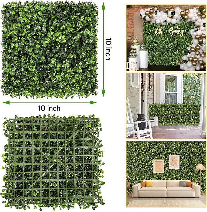 Artificial Grass Wall Panels, 24 PCS 10x10 inch Boxwood Hedge Wall Panels with 100 Zip Ties, Boxwood Panels Backdrop for Outdoor Indoor Decorative Garden Fences Backyard Patio Privacy Hedge
