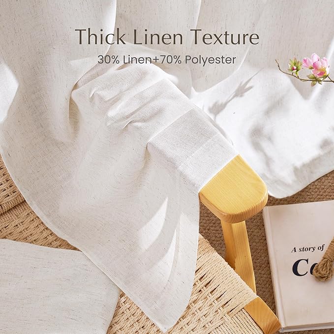 NICETOWN Natural Linen Cream Curtains for Bedroom, Pleat Tab Privacy Added Curtains & Drapes with Light Filtering Window Treatments for Living Room/Farmhouse, W52 x L95, 2 Panels