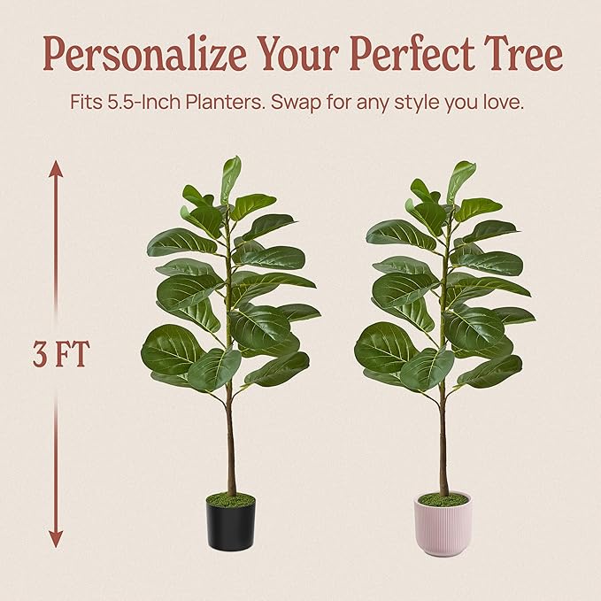 Artificial Fiddle Leaf Fig Tree 3ft (36 Inch) Tall - with Remote LED Spotlight - Realistic Faux Potted Plant & Moss for Living Room & Office Decor