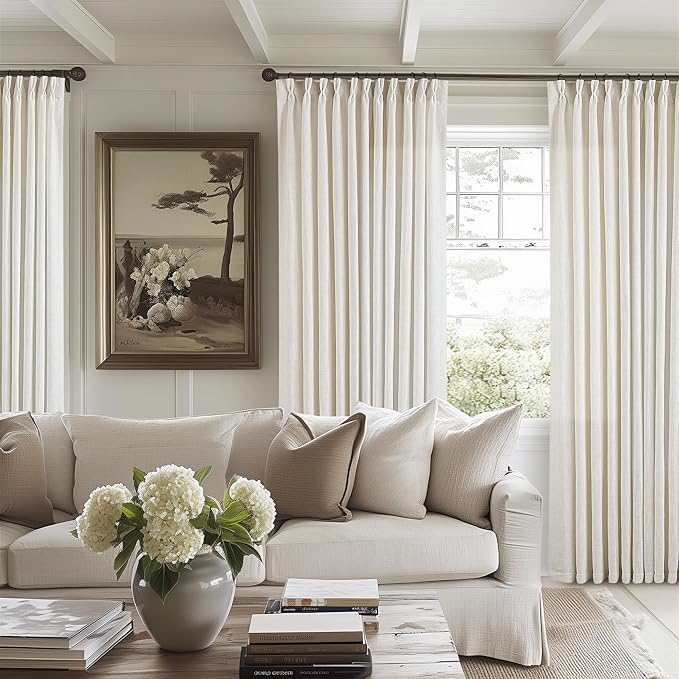 Cream Ivory Extra Wide Pinch Pleat Linen Curtains 84 Inches Long for Living Room Sliding Glass Door 70 Inch Wide Curtain Memory Trained Pleated Drape with Hooks Rings 70x84 Large Window Curtain