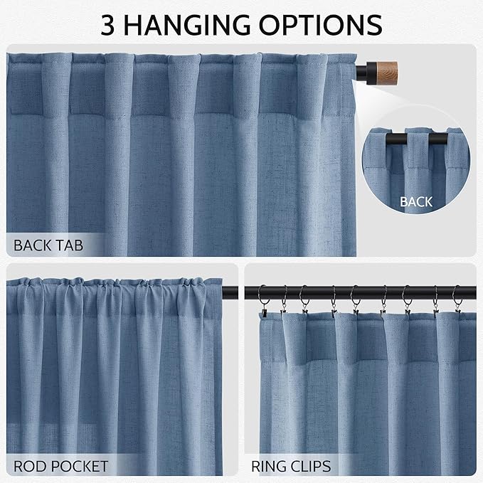 Nanspring Stone Blue Linen Curtains 63 Inches Long 2 Panel Sets for Living Room Bedroom Rod Pocket Back Tab Light Filtering Drape for Kitchen Window Short Protect Privacy Curtain 52x63