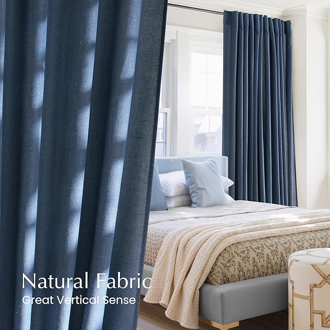 NICETOWN Thick Linen Semi Sheer Navy Blue Curtains 108 inches Long, Pleat Tape Semi Sheer Privacy Added with Light Filtering Window Treatments for Living Room/Bedroom, W52 x L108, 2 Panels
