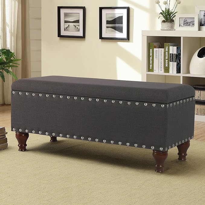 HomePop Upholstered Storage Bench with Nailhead Trim – Charcoal