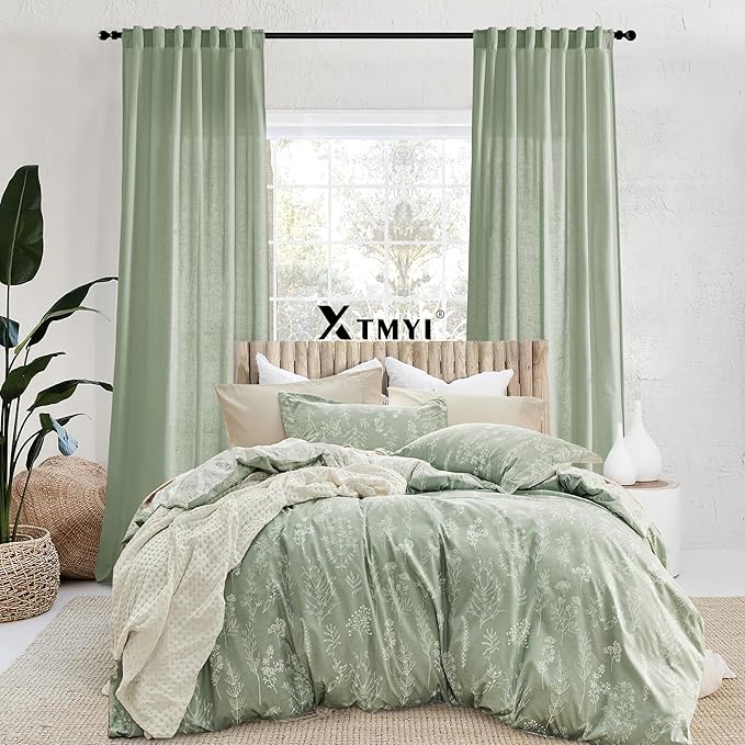 XTMYI 70 Inches Wide Sage Green 96 Inches Long Country Curtains for Living Room,Sheer Linen Curtains for Bedroom