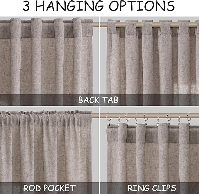 Extra Long Curtain 108 Inches Long 2 Panels Set Back Tab Brownish Grey Linen Drapes for Living Room Neutral Farmhouse Light Filtering Semi Sheer Linen Curtains 108 Inch Length for Large Window 9 FT
