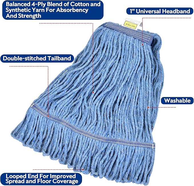 Matthew Cleaning Heavy Duty Mop Head Commercial Replacement for General and Floor Cleaning , Wet Industrial Blue Cotton Looped End String Head Refill (Pack of 12) Blue