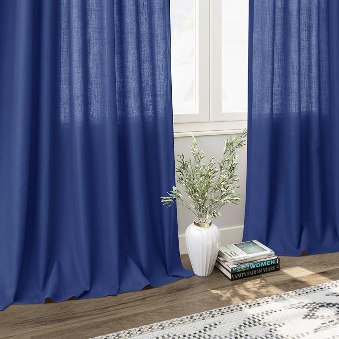 Linen Curtains Semi Sheer Classic Blue 96 Inches Long 2 Panels Set for Living Room Back Tab Rod Pocket Light Filtering Drape for Bedroom Modern Farmhouse Coastal Decor Protect Privacy 52x96