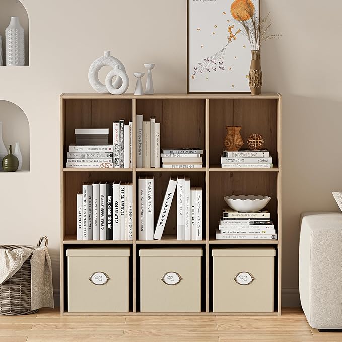 Wooden Storage Organizer with Closed Back Panel, 11in Cube Shelf Opening, Bookshelf, Display Shelf,Closet Cabinet for Home and Office (White Oak, 9-Cube 35.98L*9.45W*35.91H)